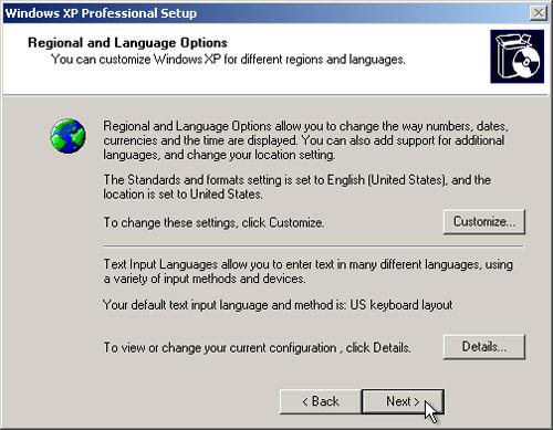 Tùy chọn về địa lý và ngôn ngữ Windows XP