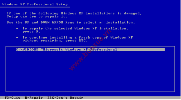 Màn hình thông báo là ổ dĩa C đã được cài đặt Windows XP