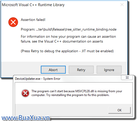 Các thông báo lỗi khi thiếu Microsoft Visual C++