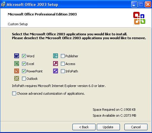 Chọn cài đặt ứng dụng của MS Office 2003