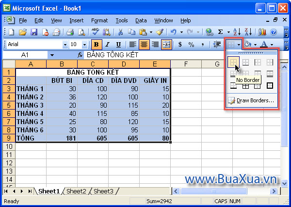 Cách bỏ đường viền cho ô trong bảng tính Excel 2003