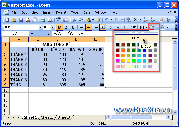 Cách bỏ màu nền cho ô trong bảng tính Excel 2003