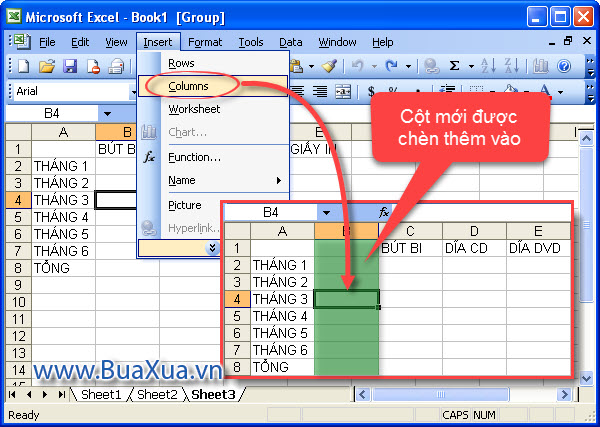 Cách chèn thêm cột trong Excel 2003