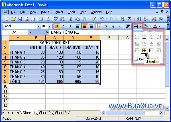 Cách tạo đường viền cho ô trong bảng tính Excel 2003