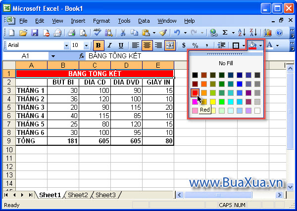 Cách tạo màu nền cho ô trong bảng tính Excel 2003