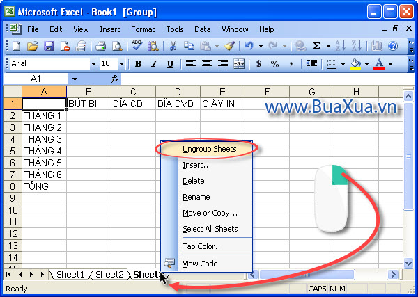 Cách Ungroup các trang bảng tính trong Excel 2003