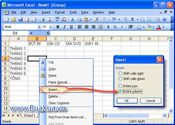 Cách chèn thêm cột trong Excel 2003