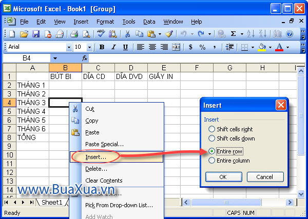 Cách chèn thêm hàng trong Excel 2003