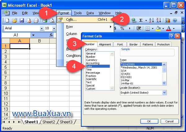 Định dạng ngày cho ô của bảng tính Excel 2003
