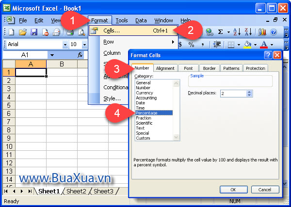 Định dạng phần trăm cho ô của bảng tính Excel 2003