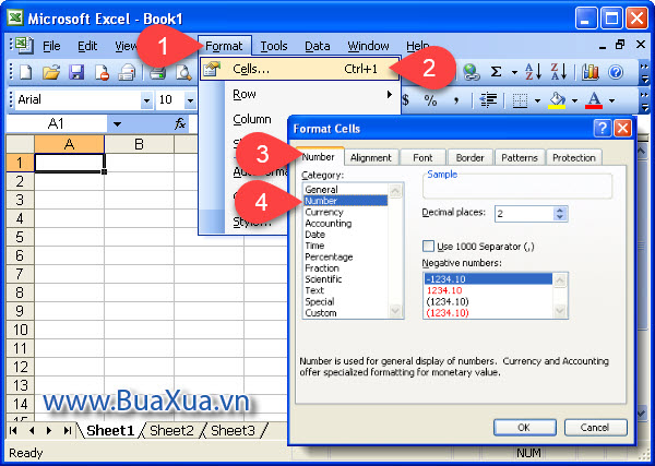 Định dạng số cho ô của bảng tính Excel 2003