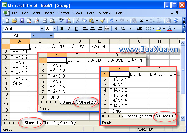 Group các trang bảng tính trong Excel 2003