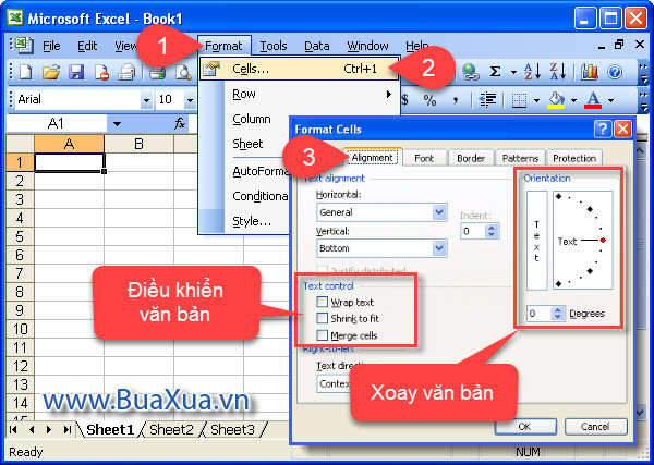 Thay đổi kiểu hiển thị và xoay văn bản trong ô của Excel 2003