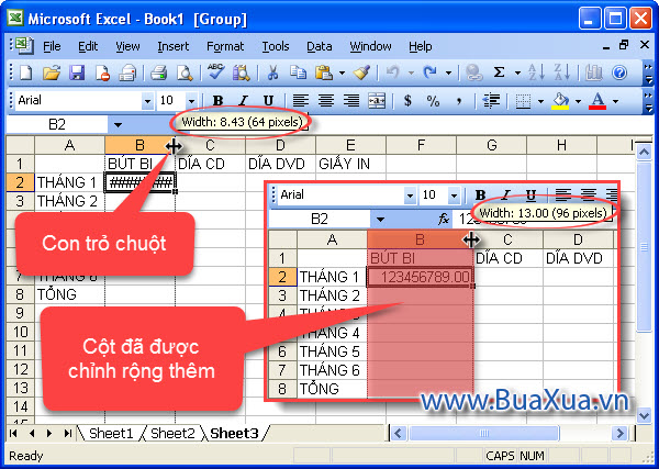 Cách thay đổi chiều rộng của cột tùy ý trong Excel 2003