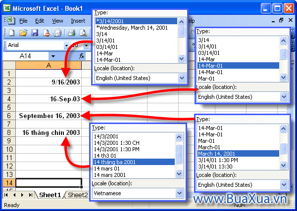 Các kiểu định dạng ngày cho ô của bảng tính Excel 2003