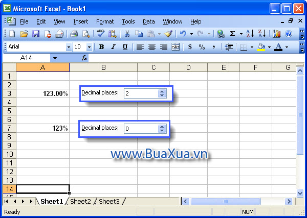 Các kiểu định dạng phần trăm cho ô của bảng tính Excel 2003
