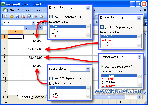 Các kiểu định dạng số cho ô của bảng tính Excel 2003