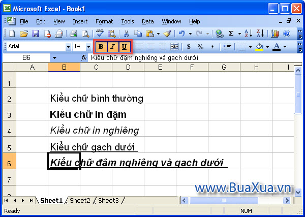 Cách gạch dưới, in nghiêng và đậm cho chữ trong bảng tính Excel 2003