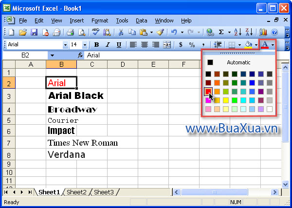 Cách thay đổi màu cho chữ trong bảng tính Excel 2003