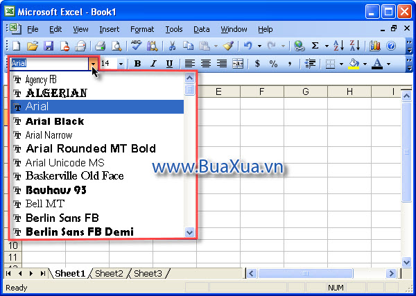 Cách thay đổi phông chữ trong bảng tính Excel 2003
