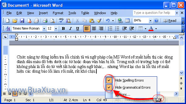 Cách tắt nhanh dấu báo lỗi chính tả và ngữ pháp trong MS Word 2003