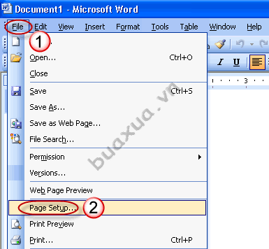 Truy cập vào trình đơn Page Setup trong MS Word 2003