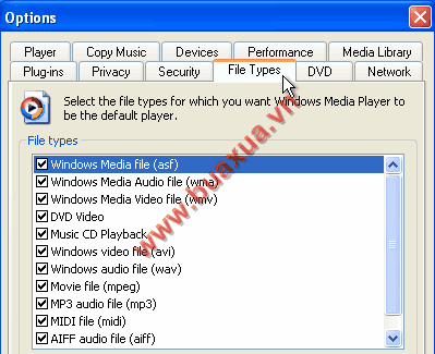 Đánh dấu chọn các loại tập tin muốn mở bằng Windows media player