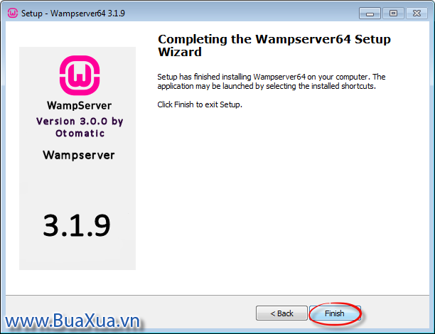 Cửa sổ thông báo việc cài đặt WampServer đã hoàn tất