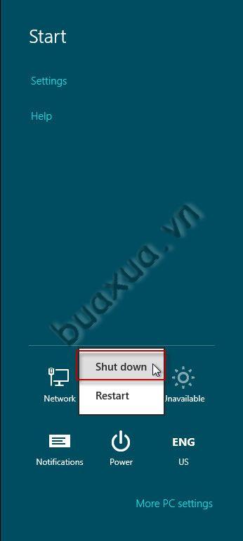 Chọn Shut down để tắt máy hoặc Restart để khởi động lại Windows 8
