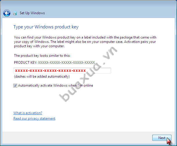 Nhập mã số (Product key) kèm theo dĩa cài đặt Windows 7