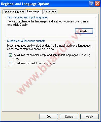 chọn Install file for complex script and right-to-left languages (Including Thai)