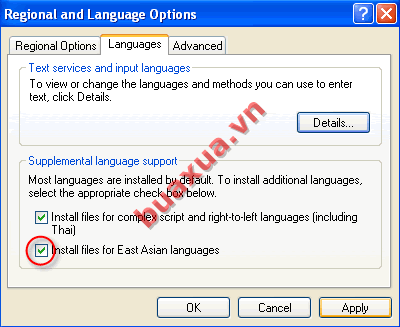 Đánh dấu vào ô Install files for East Asian Languages