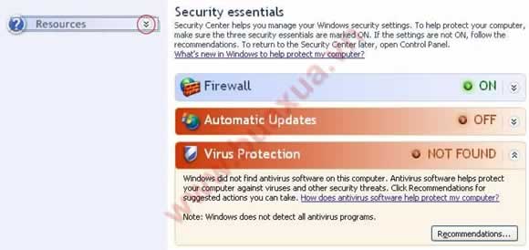 Cửa sổ Windows Security Center