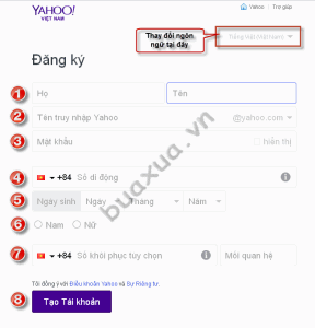 Nhập đầy đủ các thông tin cần thiết vào biểu mẫu đăng ký của Yahoo Mail