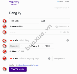 Biểu mẫu đăng ký tài khoản Yahoo Mail không cần số điện thoại di động