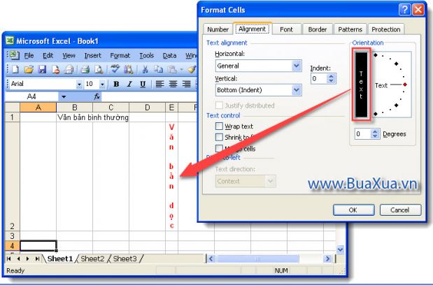 Cách sắp xếp các ký tự của văn bản theo chiều dọc trong ô của Excel 2003