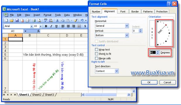 Cách xoay văn bản trong ô của Excel 2003