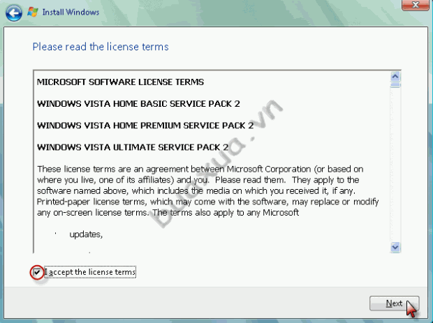 Chấp nhật điều kiện sử dụng Windows Vista