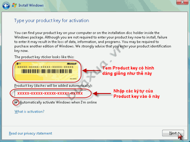 Nhập mã số (Product key) kèm theo dĩa cài đặt Windows Vista