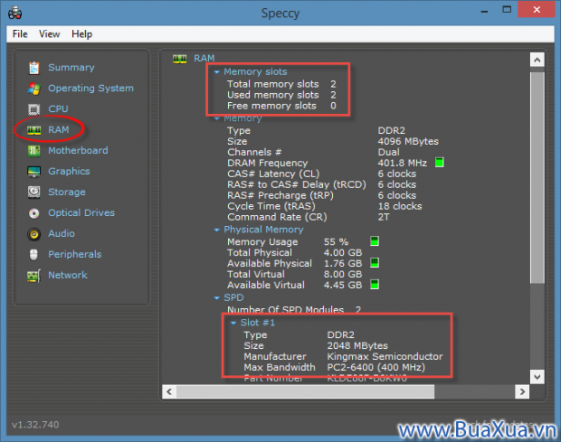 Speccy hiển thị thông tin chi tiết của RAM - Bộ nhớ