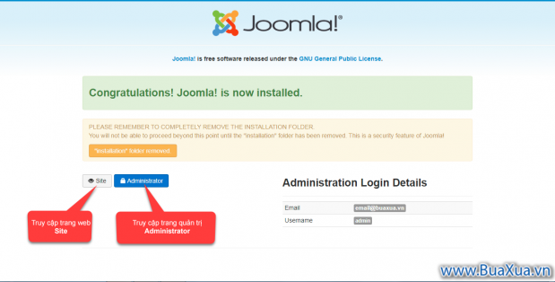 Lựa chọn truy cập vào trang web hay trang quản trị sau khi cài đặt xong Joomla!