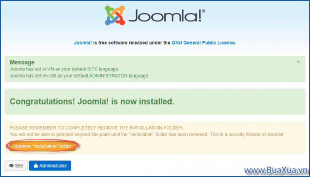 Xóa thư mục chứa các tập tin cài đặt Joomla! 