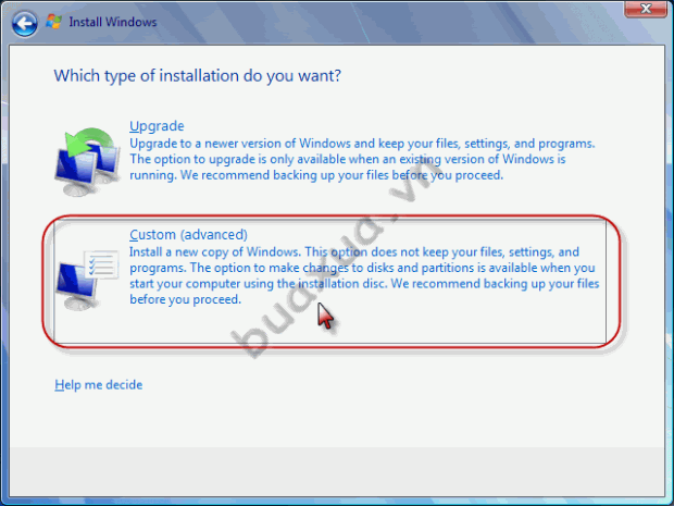 Chọn Custom (Advanced) để cài đặt mới Windows 7