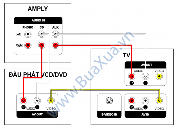 Kết nối âm thanh từ đầu phát VCD/DVD và TV với Amply