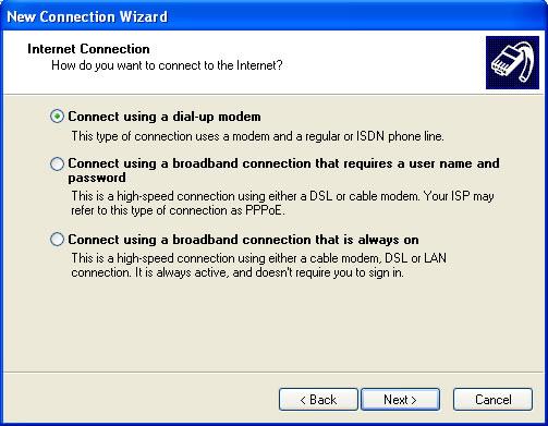 Chọn Connect using a dial-up modem
