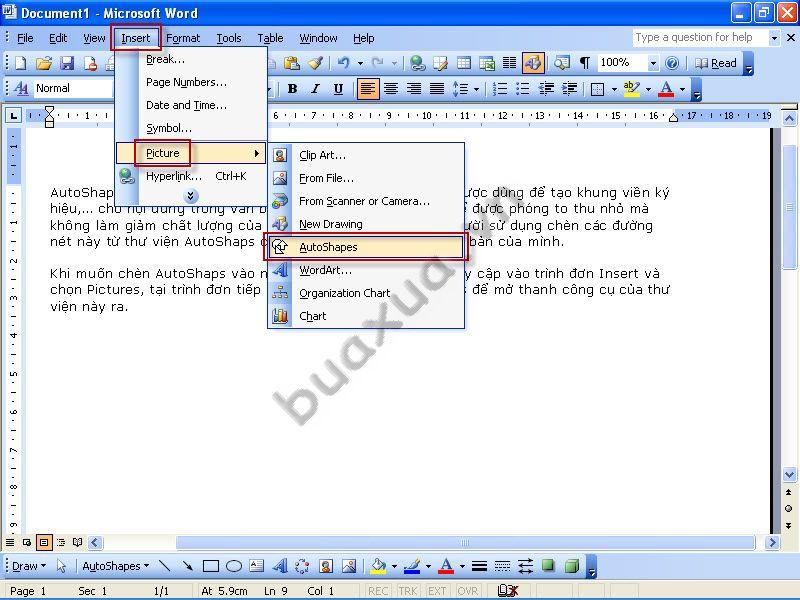 Cách chèn AutoShapes vào văn bản trong MS Word 2003 - BuaXua.vn